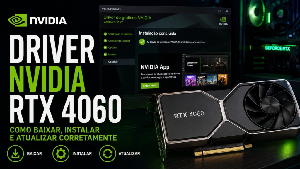 Driver da placa de vídeo NVIDIA GeForce RTX 4060 sendo instalado no Windows.