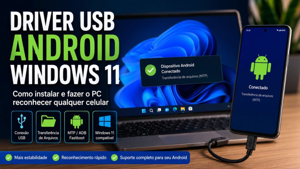 Celular Android conectado a um computador com Windows 11 utilizando driver USB para transfer&ecirc;ncia de arquivos.